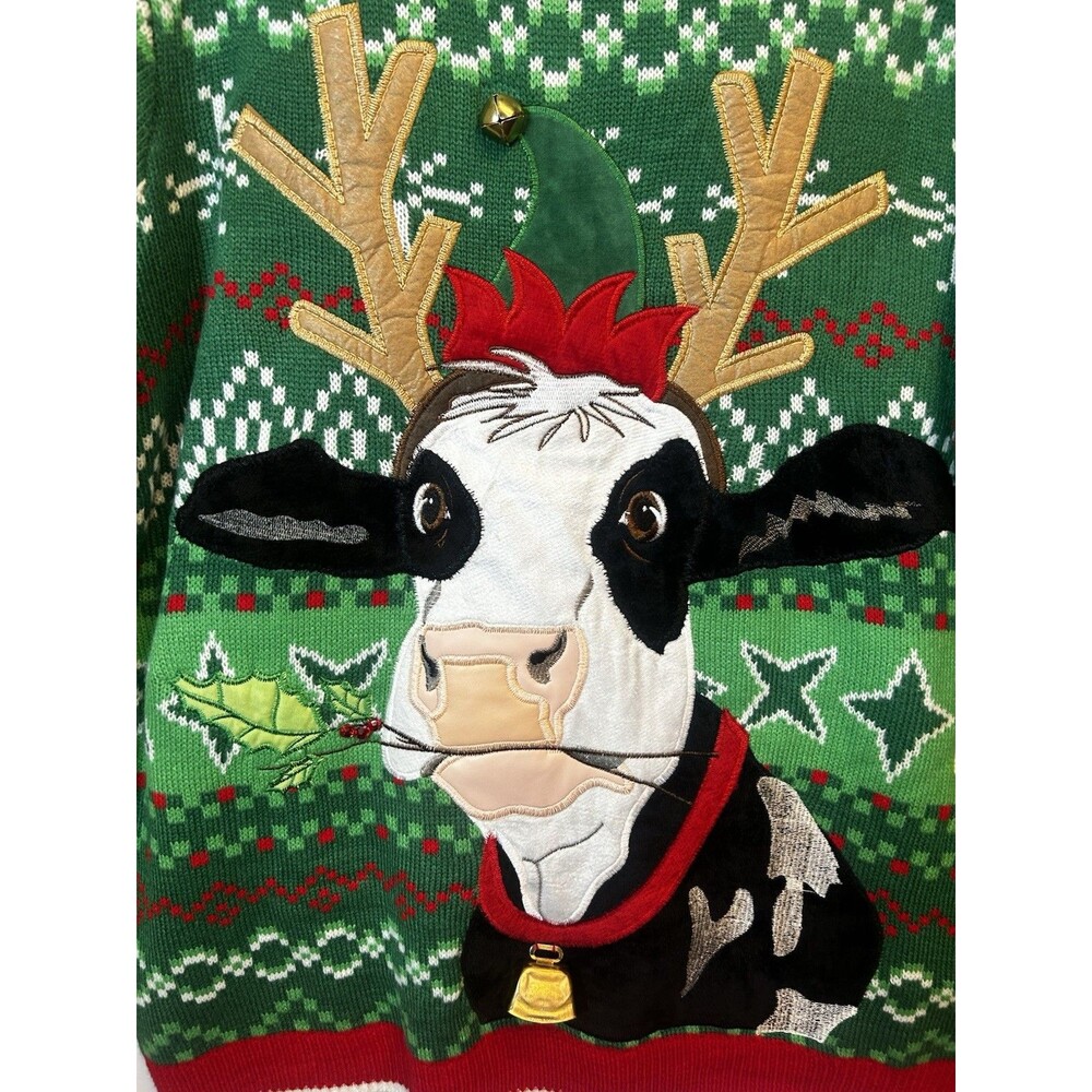 Holiday Time XL Ugly Christmas Sweater Cow Reindeer Bells Green Red Unisex Xmas - Picture 16 of 16